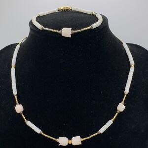 Vintage Puka Shell Necklace & Bracelet Coral Tulip Dainty 15" Choker Length